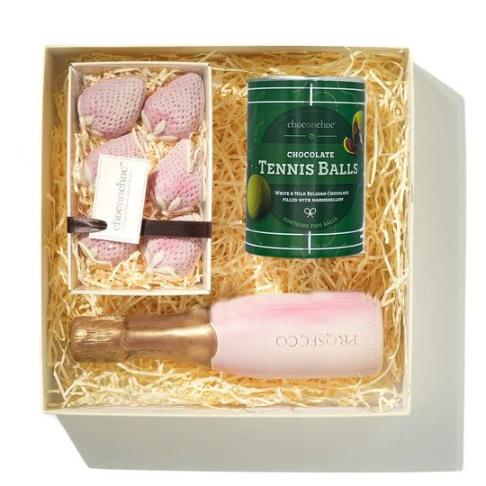 Chocolate Tennis Balls, Bottle And Strawberries Gift Box