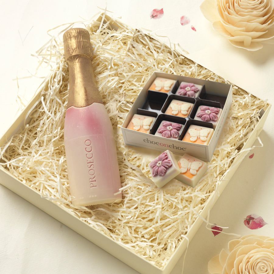 Chocolate Prosecco With Flowers And Butterflies Gift Box