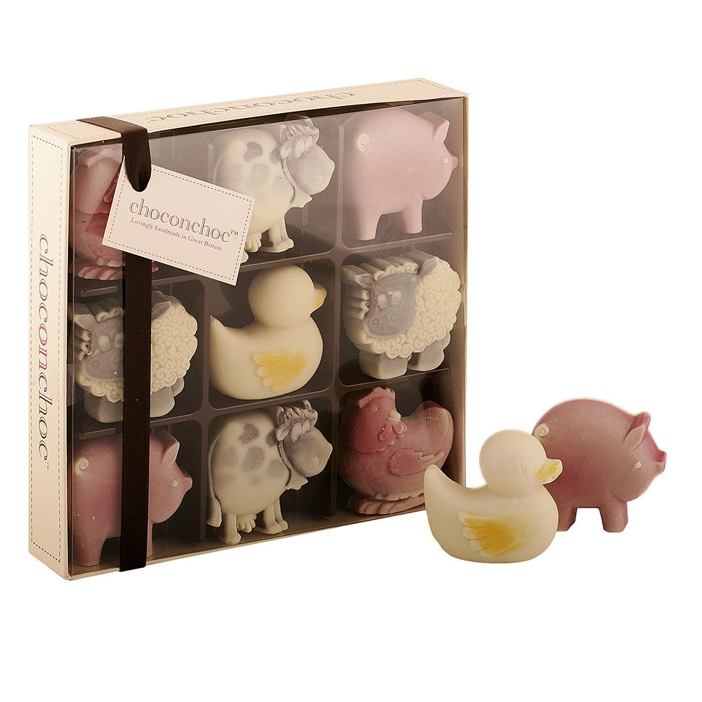 chocolate animal gift - hens, sheep, pigs, cows and a duck in a box